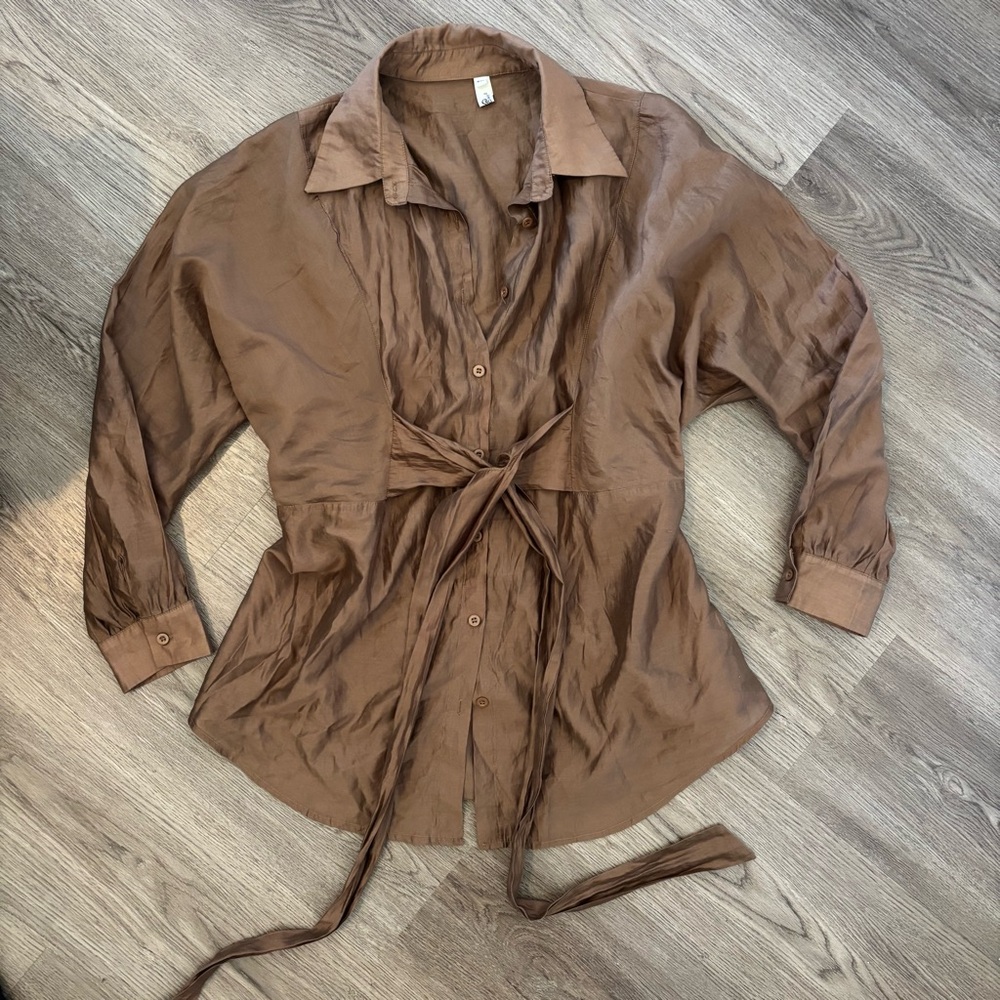Mochy Longsleeve Sheer Brown Button-down Blouse with Tie